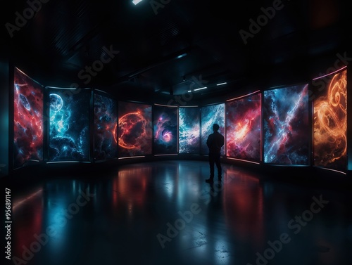 Man Observing Cosmic Displays in Dark Gallery Setting