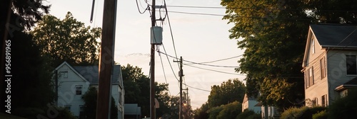 A suburban street with power lines crisscrossing a sunset sky, casting shadows on houses, trees, and utility poles.