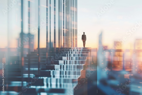 A lone figure standing on futuristic stairs with a city backdrop, symbolizing ambition and forward thinking in an urban environment.