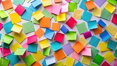 Colorful small adhesive notes in various shapes and sizes scattered on a white surface, creating a vibrant and playful composition of organized chaos.