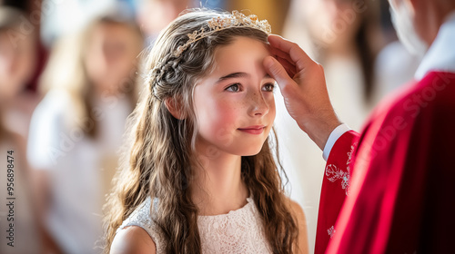 Priest makes sign of the cross on girl's forehead. Holy confirmation sacrament concept. Shallow depth of field.