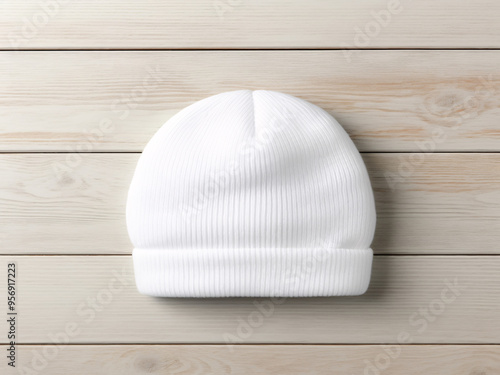 White baby hat mockup. Baby knitted bobble hat or beanie hat newborn clothing mock up on wooden background.