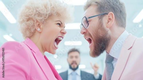 Office Conflict, Tense multiethnic coworkers engaged in a heated discussion, showcasing corporate stress and interpersonal disagreements in a modern workspace