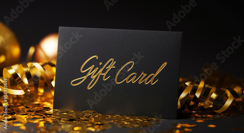 Gift card on golden confetti and ribbons for celebration events and holidays