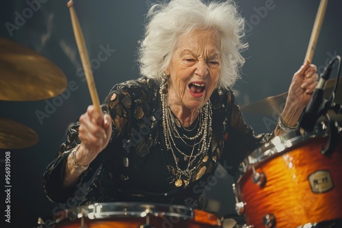 Elderly woman playing drums in a rock band, passionately immersed in the music. Her face glowing with enthusiasm and rhythm. Professional portrait highlighting her dynamic energy.