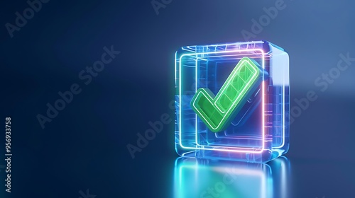 A 3D glowing neon checkmark inside a transparent cube on a dark background, symbolizing success, approval, or completion.