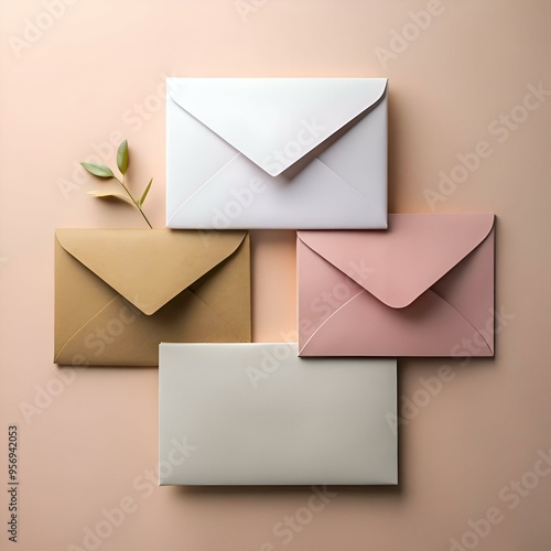 A flat lay of four envelopes in different colors (white. beige. pink. and cream) arranged in a visually appealing way on a light peach background.