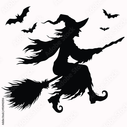 Vector illustrations of Halloween silhouette wicked witch with hat flying on a broomstick with Bats