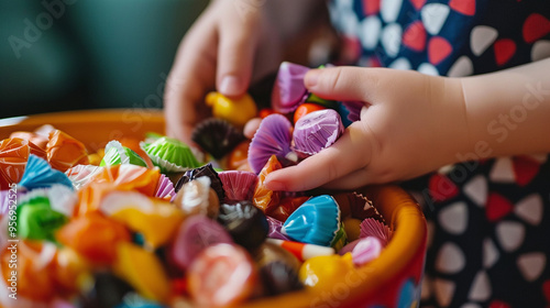 Medium close-up of a bowl of colorful Halloween candy, with a hand reaching in to grab some.