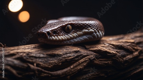 Coiled Venomous Snake Resting on Wooden Branch in Darkness.