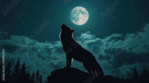 A silhouette of a wolf howling at the full moon under a sky filled with stars and passing clouds.