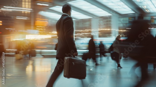 A business professional captured striding purposefully in a busy terminal, representing the hustle and urgency of corporate life.