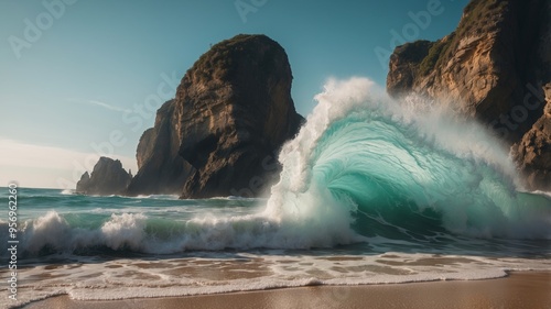 Majestic turquoise waves crashing on remote tropical beach coastline with dramatic rock formations and serene horizon.