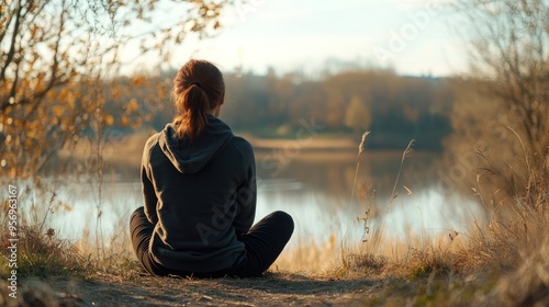 A serene scene of a person sitting alone in nature, with a peaceful expression, symbolizing self-love and acceptance.