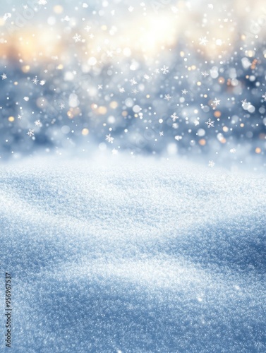 beautiful white empty winter idyll, shiny snowflakes on blurred winter landscape, christmas background with advertising space on snow cover, holiday season backdrop