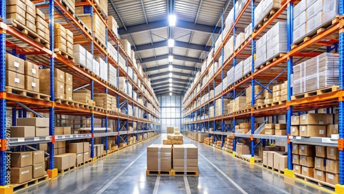 A modern warehouse with rows of shelves stocked with boxes, featuring a variety of value-added services such as packaging, labeling, and shipping operations.