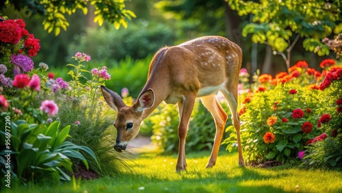 A serene whitetail deer grazes peacefully in a lush green backyard surrounded by blooming flowers and dense foliage on a warm sunny afternoon.