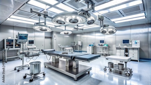 A sterile operating theatre with a stainless steel table, surrounded by state-of-the-art medical equipment, monitoring screens, and bright overhead lighting, ready for a procedure.