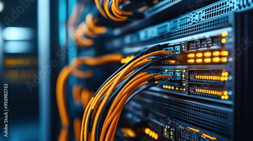 Close-up of network cables connected to servers in a data center. Orange Ethernet cables and illuminated indicator lights depict an operational server room.