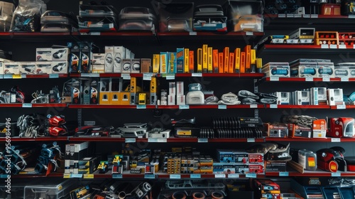 Shelves are filled with a variety of car parts and accessories, indicating a well-stocked and organized automotive store.