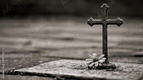 Solitary Cross on Grave with Flower - Peaceful Memorial Scene