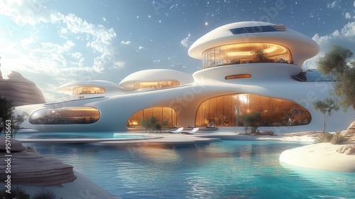 futuristic ecoresort emerging from sand dunes solar panels and hanging gardens integrated into curvilinear architecture oasislike pools reflect starry sky