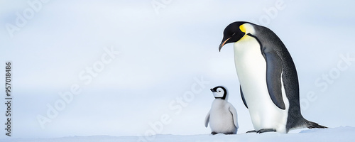 A majestic emperor penguin with its baby chick, standing on the snow-covered ground of Antarctica.