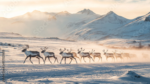 Reindeer Herd Running Through Snowy Mountains in Winter