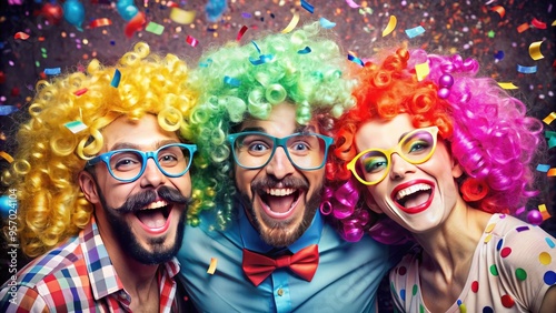 Three goofy friends wearing colorful wigs, glasses, and oversized mustaches, laughing and having a blast together, surrounded by confetti and party decorations.