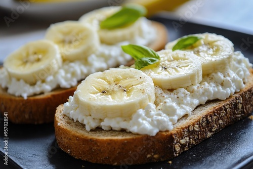 Banana and Cottage Cheese Toast with Basil Garnish