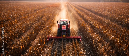 Tractor Plowing a Vast Autumn Countryside Field with Sunlight Streaming Through the Sky at Sunrise or Sunset The Agricultural Machinery Cutting Through the Dirt and Soil in a Rural Farming Landscape