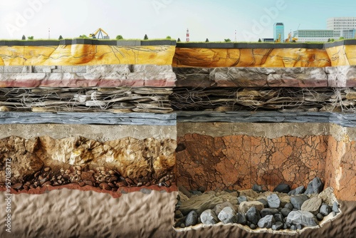 A detailed cross-section illustration of earth layers showing various strata, including rocks and soil, emphasizing geology and natural science.