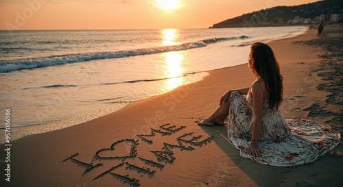 Woman on beach practicing self-love with message in sand at sunset