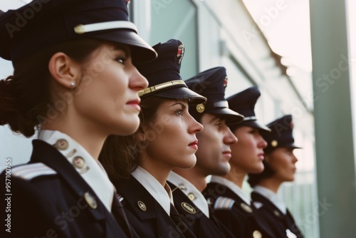 A line of uniformed individuals stands in formation, their serious expressions reflecting discipline and commitment.