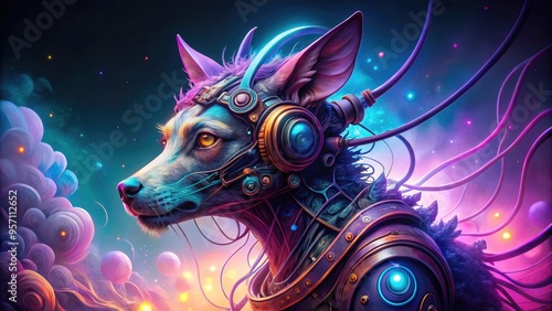 Vibrant, colorful illustration of a fantasy animal hybrid wearing a futuristic headset with glowing blue circuits and wires, surrounded by swirling purple mist.