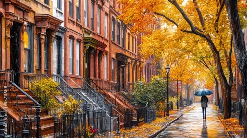 The heart of the city neighborhood is filled with a charming autumn street scene.