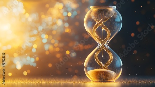 An hourglass intertwined with a DNA helix against a backdrop of digital bokeh symbolizes the complex relationship between time and genetics. It's a modern representation of aging and life's continuum