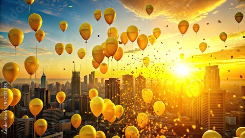 Vibrant yellow balloons and confetti scatter across a bright cityscape at sunset, symbolizing optimism and celebration for the fresh start of a new year 2024.