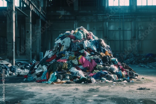 An abandoned warehouse with a large pile of discarded clothes, bathed in soft, diffused light.