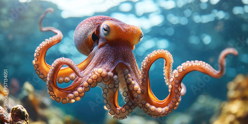 Giant pacific octopus gracefully swims in the deep blue ocean, its colorful tentacles undulating in the sunlight