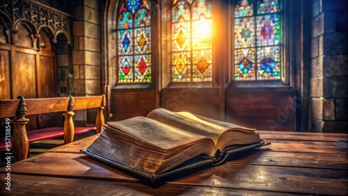 Vintage leather-bound holy scripture lies open on a worn wooden pew, surrounded by scattered pages and a faintly lit stained glass window backdrop.