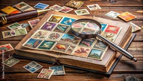 Vintage philatelic album filled with colorful international postage stamps, tweezers, and magnifying glass, on a wooden desk surrounded by scattered papers and envelopes.