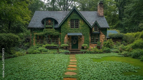 fairy-tale vintage green themed cottage home exterior