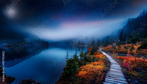 Sendero rústico junto a un río, en medio de un bosque profundo tenebre de otoño