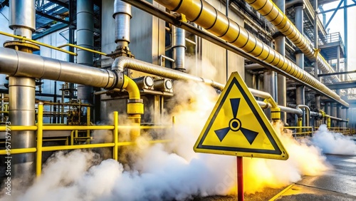 Yellow hazardous sign warning of toxic gas leak in industrial area, with caution tape and fogging mist surrounding rusting pipes and valves, conveying danger and risk.