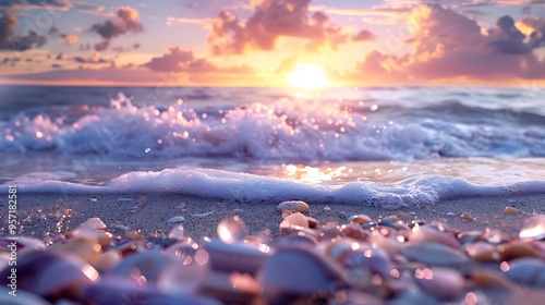 Seaside backdrop with surf and gems on the beach at sundown