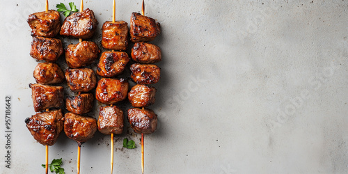 Grilled meat chunks on a skewer, lying horizontally on a flat surface