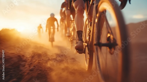 A group of cyclists riding on a dusty trail during sunset, showcasing the energy, speed, and determination of the sport as they navigate through the challenging terrain.