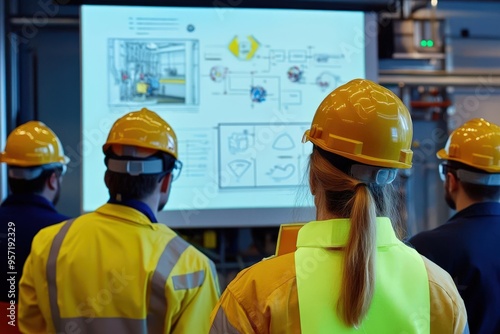 A team of industrial workers attending a safety training session, with diagrams of emergency procedures on a screen, representing the emphasis on safety education in the workplace