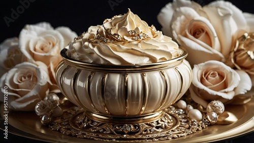 Refined vessel of extravagant cream. Luxury beauty item.